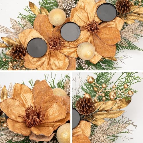 35" Champagne Christmas Centerpiece with Candle Holders, Magnolias Gold Christmas Balls Berries Leaves Branches Pine Cones Pine Needles for Xmas Table Decor, Holiday Candelabrum for Mantel Decorations - Image 2