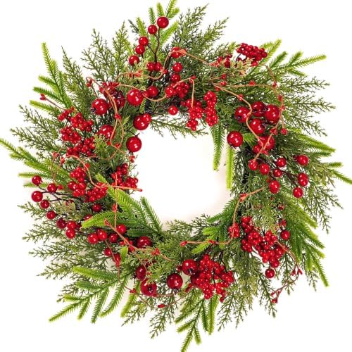 20" Christmas Door Wreaths for Front Door with Norfolk Pine Needle Red Berry for Window Porch Wall Indoors Outside Decoration by Unknown