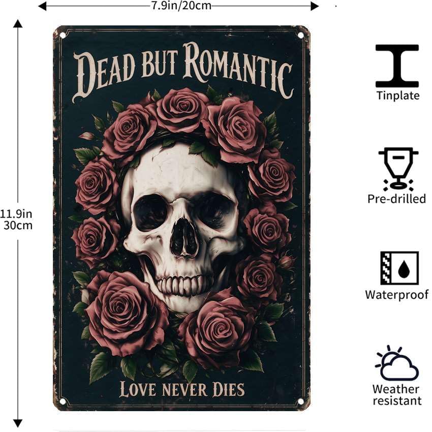 Vintage Metal Tin Sign Halloween Skull Rose Wreath Gothic Romance Wall Art for Bedroom Bar 12×16 Inches with Metal Frame - Image 7