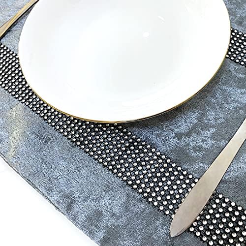 HeMiaor Gray Elegant Placemats for Dinner Table Set of 4 Bling Silver Shinning Diamond Sequins Place Mats Velvet for Wedding Decor Centerpiece - Image 2