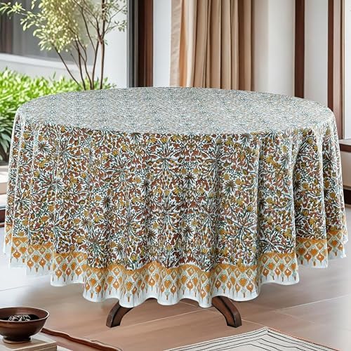 Ridhi Block Print Round Tablecloth Goldenrod Yellow 132 Inch 100% Cotton by Ridhi
