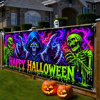 7x16FT Halloween Blacklight Neon Garage Door Cover Decorations happy Halloween Skull Garage Door Banner for Outdoor Indoor Halloween Decorations Party Photography Backdrop - Image 2