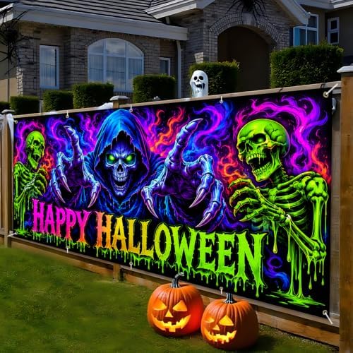 7x16FT Halloween Blacklight Neon Garage Door Cover Decorations happy Halloween Skull Garage Door Banner for Outdoor Indoor Halloween Decorations Party Photography Backdrop - Image 2