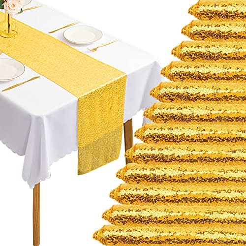 12 Packs 12 X 72 Inch Gold Sequin Table Runner Glitter Dining Table Runner for Birthday Wedding Engagement Bridal Baby Shower Bachelorette Holiday Celebration Party Supplies Decorations (Gold) by Fivenl