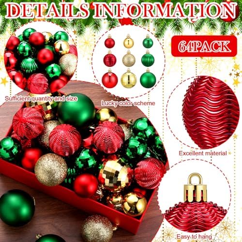 Lunmon 64 Pcs Christmas Ball Ornaments for Christmas Tree Glitter Red Gold Green Ball Ornament Hanging Christmas Decoration Assorted Size Christmas Ornament for Party Supplies, 1.6/1.97/2.4 Inch - Image 4