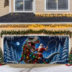 Funny Santa Riding T-Rex Christmas Garage Door Banner 7x16 FT, Large 2-Car Dinosaur Winter Wonderland Outdoor Wall Mural Backdrop, Cool Holiday Hanging Cover Sign Decoration for House Exterior Party - Image 7