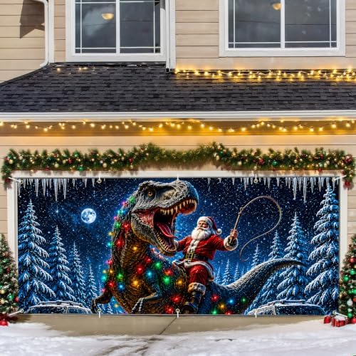 Funny Santa Riding T-Rex Christmas Garage Door Banner 7x16 FT, Large 2-Car Dinosaur Winter Wonderland Outdoor Wall Mural Backdrop, Cool Holiday Hanging Cover Sign Decoration for House Exterior Party - Image 7
