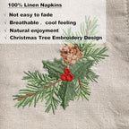 Newwiee Christmas Linen Napkin Set of 4 100% Linen Cloth 20 Inch Christmas Holly Pine Embroidered Napkin Square Dinner Serviette Soft & Durable Holiday Table Decor Xmas Wedding Cocktail Party Supply - Image 3
