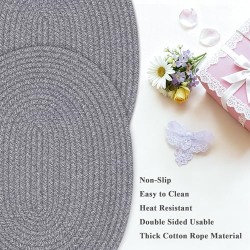 Oval Woven Placemats Set of 6, Boho Cotton Rope Braided Table Mats, 17x13 Inches Non Slip Heat Resistant Place Mats for Dining Room, Thick Hot Pads for Farmhouse Kitchen Table Decor. (Gray) - Image 3