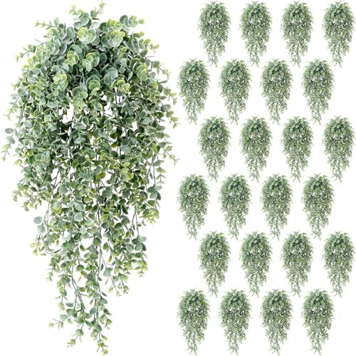 Zeyune 24 Pack Artificial Hanging Eucalyptus Plants, Fake Greenery Eucalyptus Leaves, Boho Ivy Plant Decor for Wedding, Bridal Shower Backdrop Bathroom Home Office Desk Indoor Wall (White-Sprayed) by Zeyune