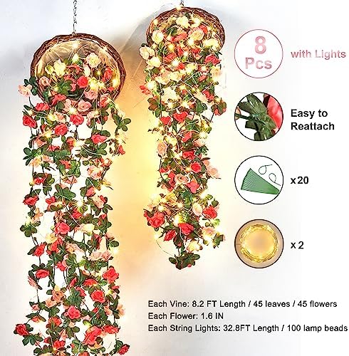 BLEUM CADE 8Pcs 16.4Ft Fake Flower Garland Faux Rose Vines with Lights - Image 5