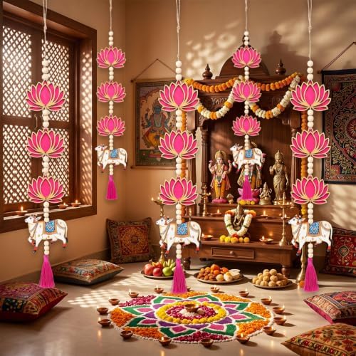 8 Pcs Indian Pichwai Style Diwali Hanging Decor, Hot Pink Lotus with Cow - Image 7