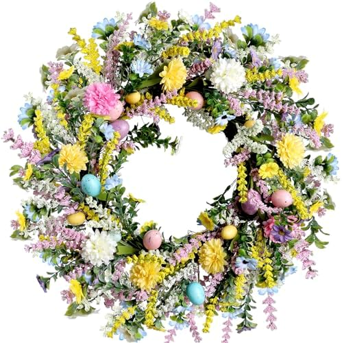 20 Inch Easter Wreath for Front Door Spring Wreath Easter Egg Wreath with Colorful Eggs Hydrangea Daisies Eucalyptus Leaves for Easter Decorations Holiday Wall Home Window Decor (Purple, Large) by Unknown