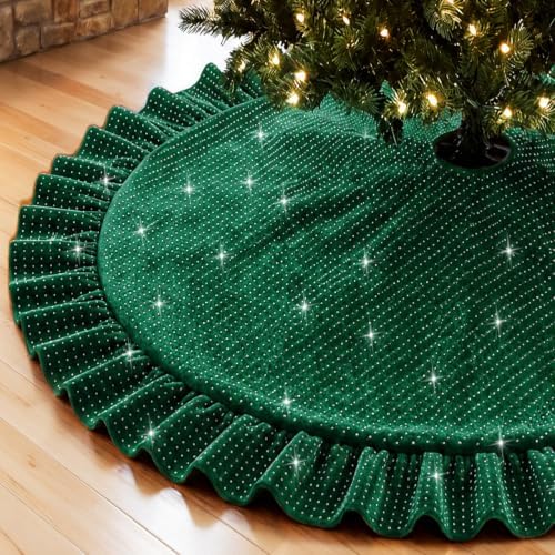 Fall Velvet Tree Skirt 60 Inches Green Christmas Tree Skirt with Sequins by FUHSY