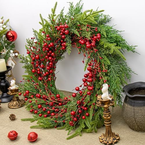 20 Inches Classic Christmas Wreath Rustic Christmas Wreaths for Front Door Xmas Winter Wreath with Green Norfolk Pine Needle Red Berry for Door Window Porch Wall Indoors Outside - Image 3