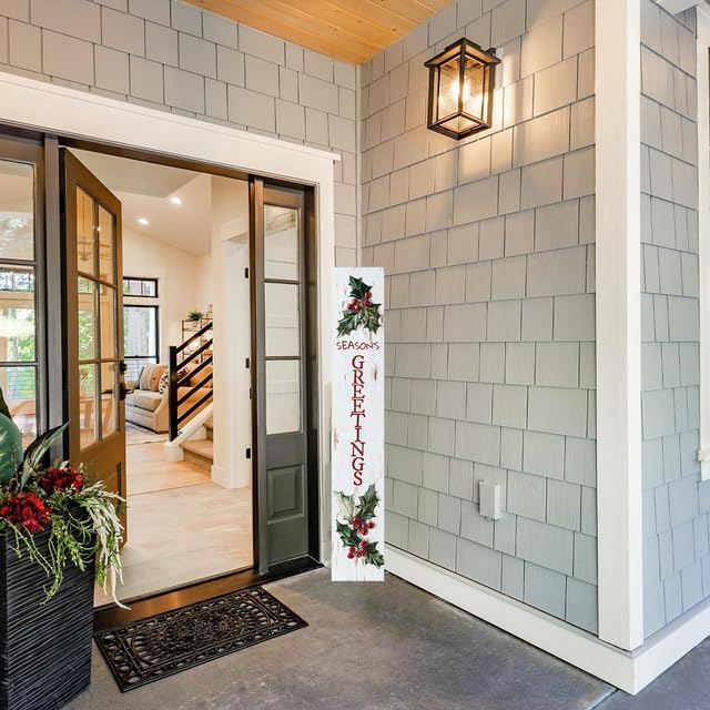 Season's Greetings Porch Board Welcome Sign for Front Door Porch Deck Patio or Wall - Indoor Outdoor Decorative Christmas Holiday Farmhouse Rustic Vertical Porch Decor - Image 3