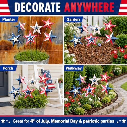 4th of July Decorations Outdoor 19" Metal Barn Star 6-Pack, Patriotic Outdoor Decorations, Rustic Iron Decorative Garden Stakes with American Flag Stars for Yard Patio Lawn - Image 6