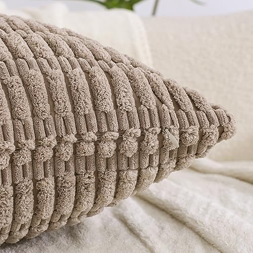 All Smiles Decorative Throw Pillow Covers Set of 4 24x24 Neutral Winter Farmhouse Rustic Boho Home Decor Soft Plush Striped Corduroy Square Cushion Case for Living Room Couch Bed Sofa - Image 3