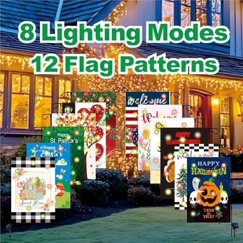 12 Pcs Double Sided Solar LED Seasonal Garden Flags - 12x18 Inch Waterproof Burlap Yard Flags for Patio Lawn Yard Porch Decor (Color 1) - Image 2