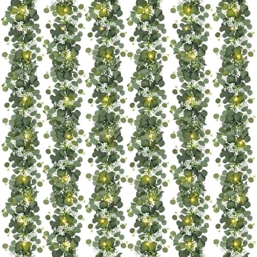 N&T NIETING 6 Pack Artificial Eucalyptus Garland with Lights, 6FT Artificial Greenery Summer Garlands, Battery Operated Twig Vine for Room Stairs Mantle Wedding Holiday Decoration Indoor Outdoor by NTNIETING