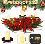 Christmas Centerpiece with 3 Candle Holders 3 LED Candles 1 String Lights Xmas Triple Candelabrum Poinsettia Red Buffalo Plaid Bow Berry Pine Cones with 3 Candle Holders for Tables Home Decorations - Image 3