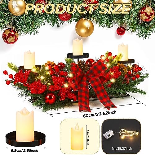 Christmas Centerpiece with 3 Candle Holders 3 LED Candles 1 String Lights Xmas Triple Candelabrum Poinsettia Red Buffalo Plaid Bow Berry Pine Cones with 3 Candle Holders for Tables Home Decorations - Image 3