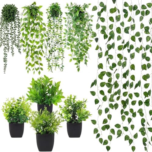XunYee 12 Pack Fake Plants & Hanging Plant Set for Wall Plant Decor, Black by XunYee