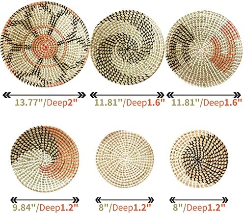 Boho Wall Basket Decor Set of 6 - Hanging Woven Basket Wall Decor, Handcrafted Round Flat Seagrass Baskets Wall Art, for Modern、Farmhouse、Home - Unique Modern Wall Basket Decor - Image 2