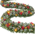 [ Timer & 8 Modes ] 9 Ft by 10 Inch 50 LED Prelit Christmas Garland Decorations Warm White Lights Thick 270 Snowy Tips 70 Red Berry 10 Pinecone Xmas Decor Garland Indoor by TURNMEON