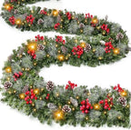 [ Timer & 8 Modes ] 9 Ft by 10 Inch 50 LED Prelit Christmas Garland Decorations Warm White Lights Thick 270 Snowy Tips 70 Red Berry 10 Pinecone Xmas Decor Garland Indoor by TURNMEON