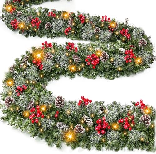 [ Timer & 8 Modes ] 9 Ft by 10 Inch 50 LED Prelit Christmas Garland Decorations Warm White Lights Thick 270 Snowy Tips 70 Red Berry 10 Pinecone Xmas Decor Garland Indoor by TURNMEON