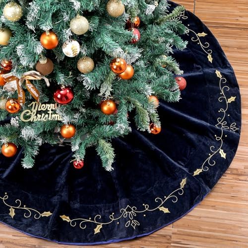 60inch Extra Large Christmas Tree Skirt Navy Blue Luxury Velvet Plush Skirts with Gold Embroidery Xmas Velvet Tree Skirt Holly Leaves Gold Embroidered Trees Skirts for Christmas Holiday Party Decor by QOUBAI
