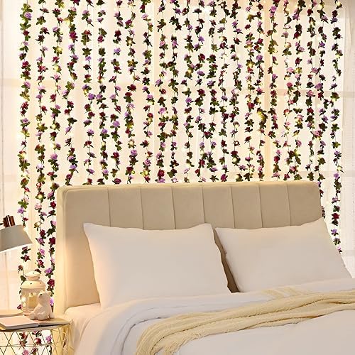 BLEUM CADE 12Pcs 16.4Ft Fake Flower Garland Faux Rose Vines with Lights - Image 3