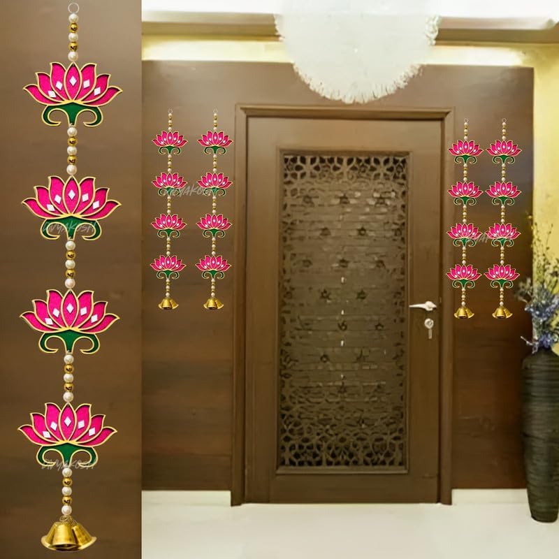 Divyakosh Door Hangings for Home | 4 Pink Latkans, Size - 24 Inch Each | Temple & Pooja Decoration Items, Lotus with Bell Hanging - Image 4