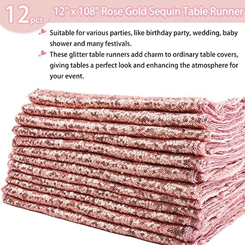 12 Packs Sequin Table Runner Rose Gold 12 X 108 Inch Glitter Dining Table Runner for Birthday Wedding Engagement Bridal Baby Shower Bachelorette Holiday Celebration Party Supplies Decorations - Image 2