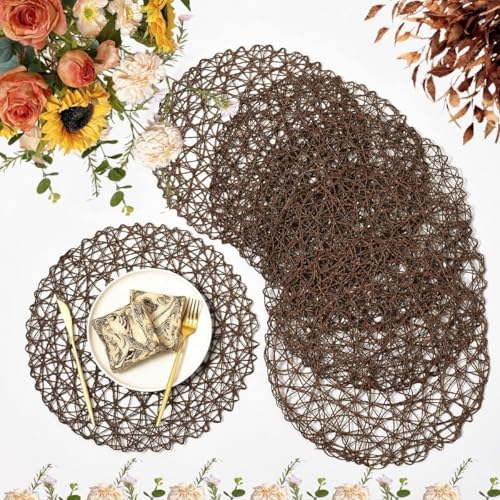 IcosaMro Round Woven Placemats Set of 12 for Dining Table, 15 Inches Paper Boho Decorative Circle Place Mats for Wedding Christmas Thanksgiving Day Holiday Dinner (Tan Brown) by IcosaMro