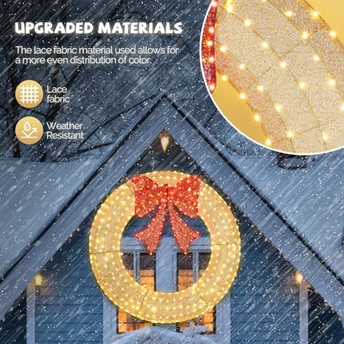 VINGLI 60 Inch Large Christmas Wreath, Outdoor Christmas Wreath for Garage, Windows, Christmas Door Wreath Decorations with Red Bow, Timer Remote Control, Plug-in, Gold - Image 4