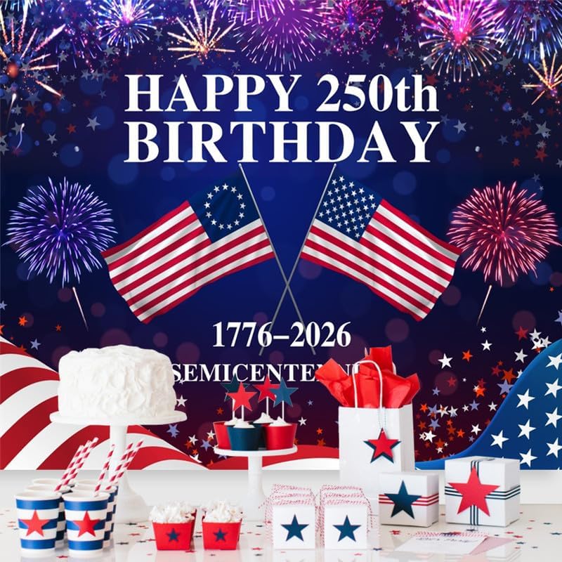 4th of July Backdrop Decorations Independence Day Backdrop 250 Anniversary USA Flag Banner 8x8ft 250th Birthday Fireworks Semiquincentennial Photography Background Photo Studio Props - Image 3