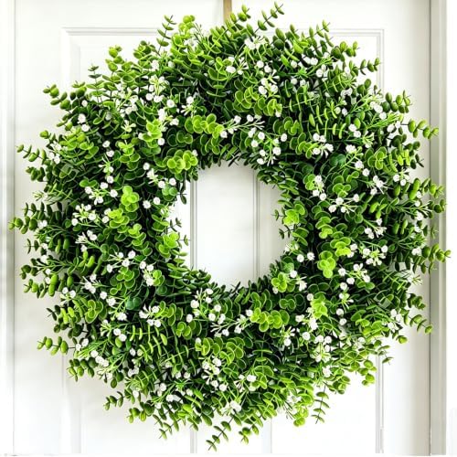 26" Eucalyptus Wreath for Front Door, Large Artificial Eucalyptus with Baby's Breath Greenery Flowers Wreath for Home, Porch, Farmhouse Wall Decor, Spring, Summer, Fall, All Seasons by Unknown