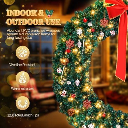 VINGLI 72 Inch Prelit Christmas Wreath Fence, Party Decor, Plug-in LED - Image 2