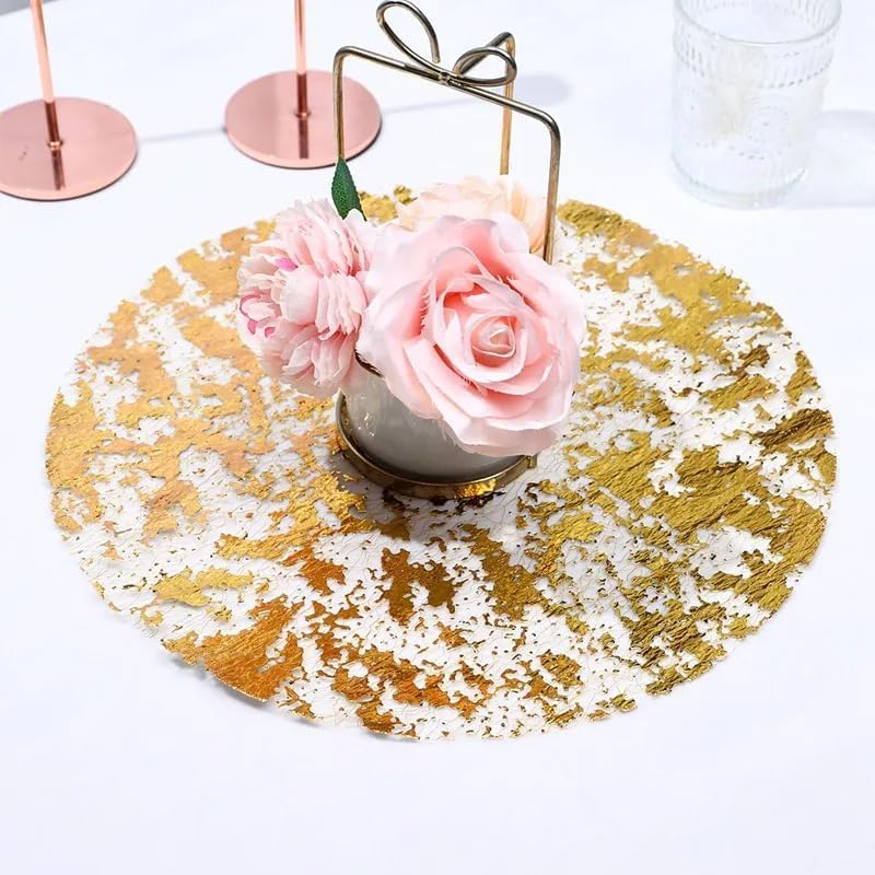 Gold Disposable Placemats Gold Doilies of 100 Round Place Mats Pressed 13 Inch Metallic Foil Charge Placemats for Home Decoration Dining Table Wedding Birthday Party - Image 2