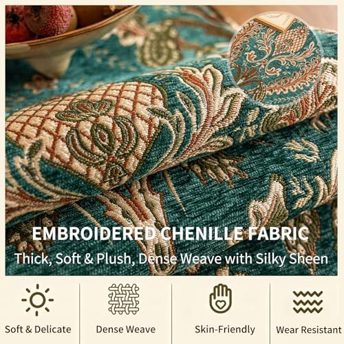 Floral Chenille Table Runner 90 Inches Non-Slip Tassels, Green - Image 4