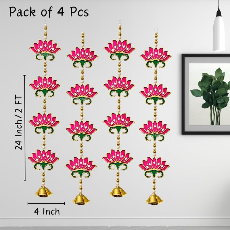 Divyakosh Door Hangings for Home | 4 Pink Latkans, Size - 24 Inch Each | Temple & Pooja Decoration Items, Lotus with Bell Hanging - Image 3