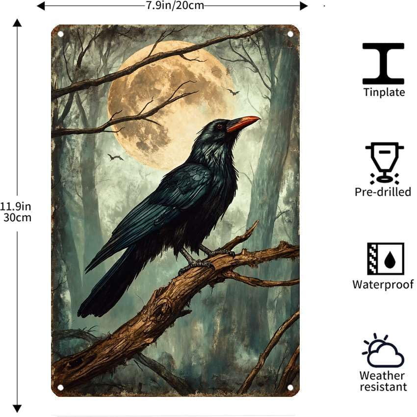Vintage Metal Tin Sign Halloween Raven Full Moon Forest Dark Gothic Wall Art for Home Office 6×8 Inches with Metal Frame - Image 7