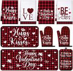 VitalCozy 10 Pcs Valentine's Day Buffalo Plaid Kitchen Decor Set Oven Mitts and Pot Holders Heart Kitchen Towels and Rugs for Chef Baking Cooking Grilling BBQ Gift by VitalCozy