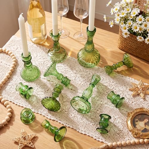 Mumufy 12 Pcs Green Glass Candle Holders Classic Style, Ribbed Taper 0.8" - Image 5