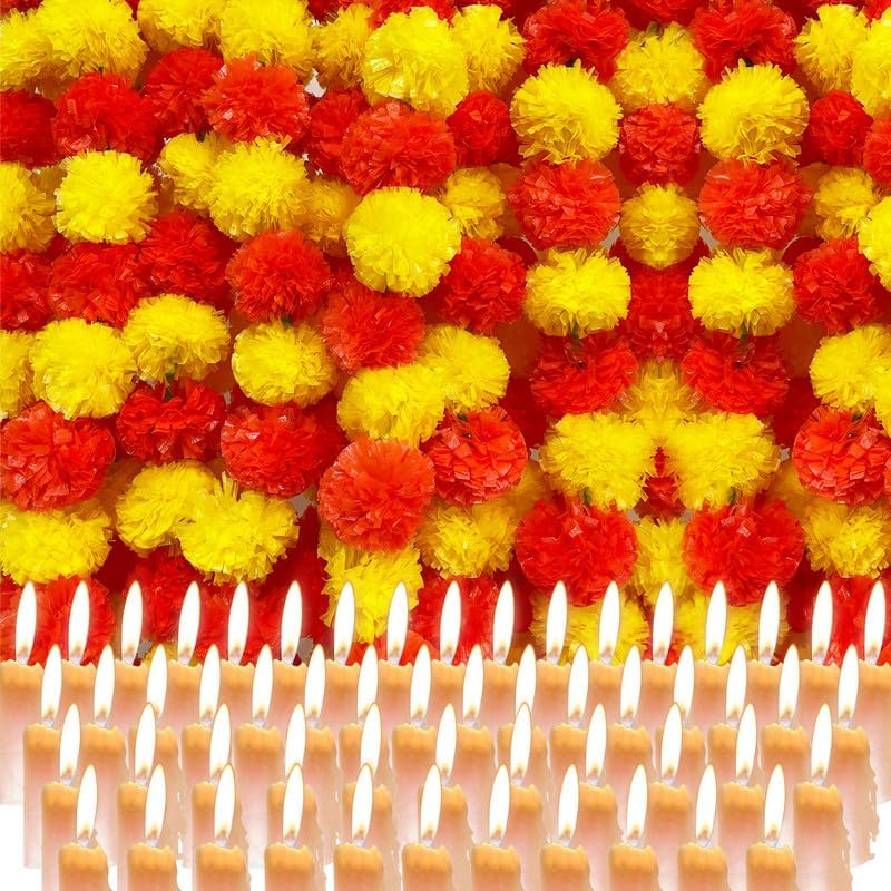 10 Pieces Golden Yellow Marigold Garland 5ft Faux Flowers Indian Decorations for Pooja Dia De Los Muertos Diwali, Events, Weddings - Yellow Orange - Image 6