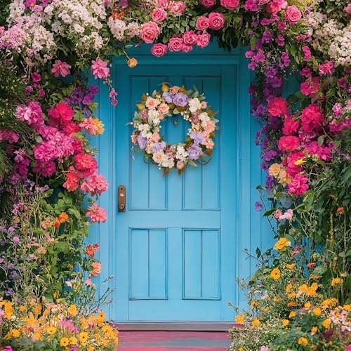 22 Inch Vintage Floral Wreath - Artificial Purple Pink Rose, Peach Dahlia, Hydrangea & White Berry with Boxwood, Lamb's Ear, Willow Eucalyptus, Indoor Outdoor Farmhouse Front Door Decor - Image 3
