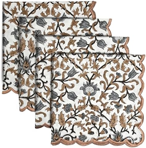 CPC Autumn Vine Block Print Cotton Embroidery Napkin 18x18 (Pack of 4) by COTTONPRINTCLUB