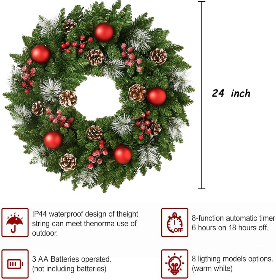 24 Inch Pre-Lit Artificial Christmas Wreath for Front Door, Christmas Door Decorations Wreath with LED Warm Lights, Balls, Pine Needles, and Red Berries Wall Windows Ornament - Image 3
